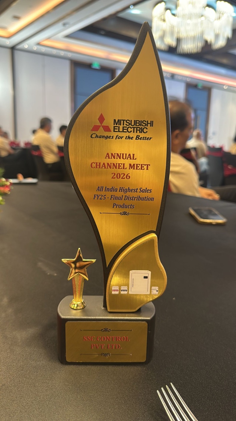 Mitsubishi Electric Annual Channel Meet 2026 trophy awarded to SSC Control Pvt. Ltd. for All India Highest Sales FY25, Final Distribution Products